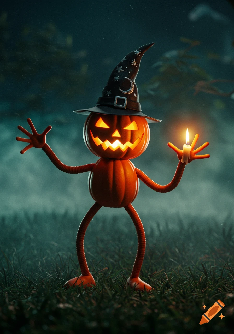 A whimsical jack-o'-lantern character in a witch hat and rubber hose style stands in misty grass, holding a lit candle.