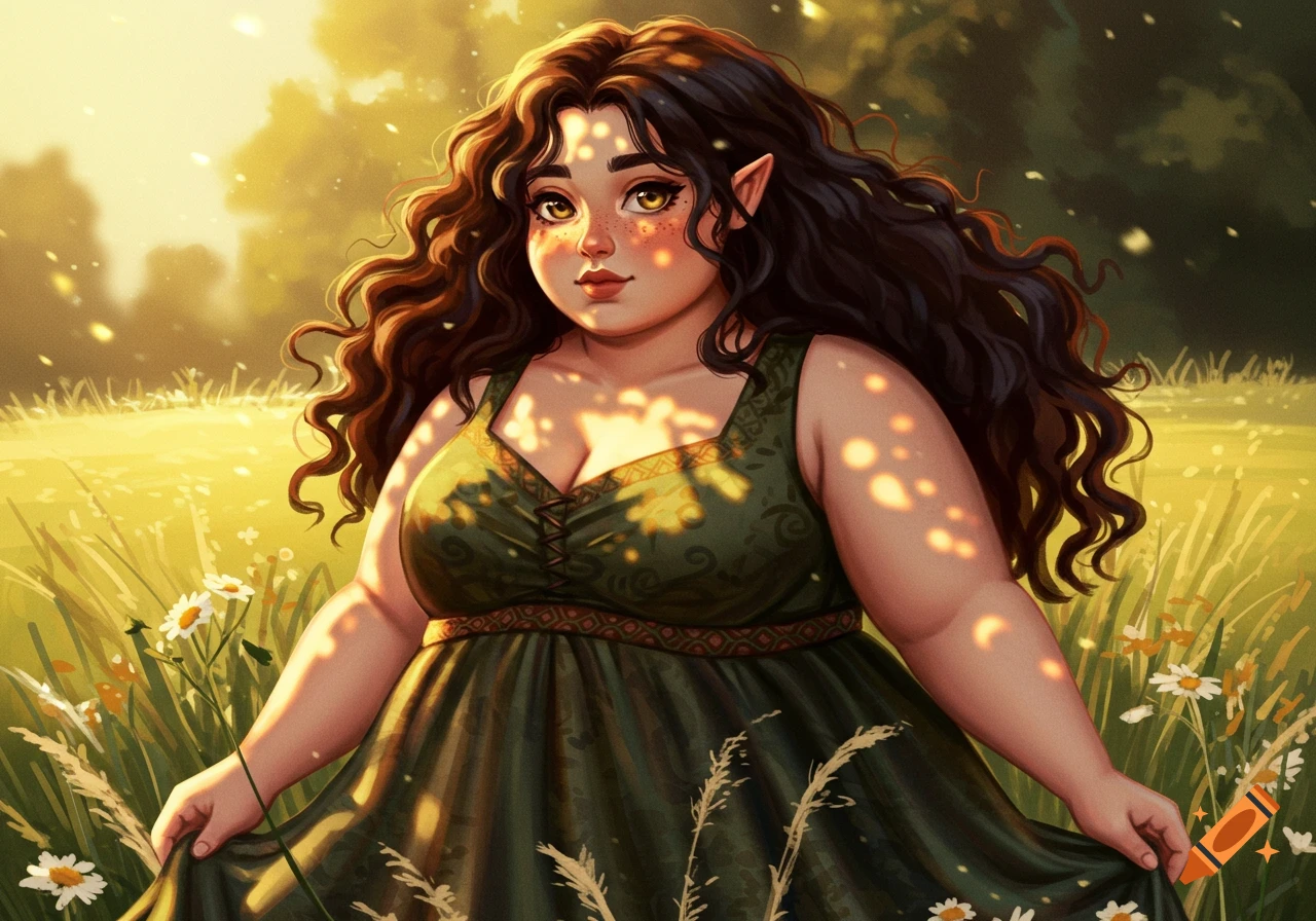 Stylized illustration of a chubby elf woman with long dark curly hair and pointed ears, standing in a sunny field wearing a green dress.