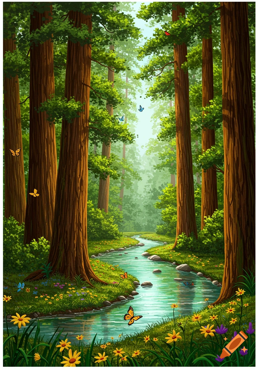 A vibrant cartoon illustration of a sunlit forest with tall trees, a winding river, colorful flowers, and butterflies.