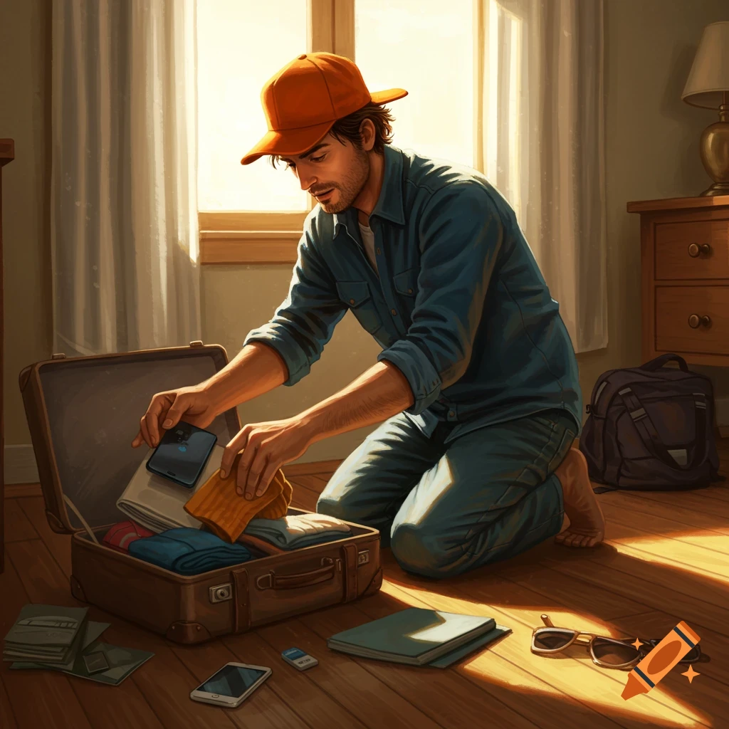 A man in an orange cap kneels on a sunlit wooden floor, packing clothes and a phone into a brown suitcase.