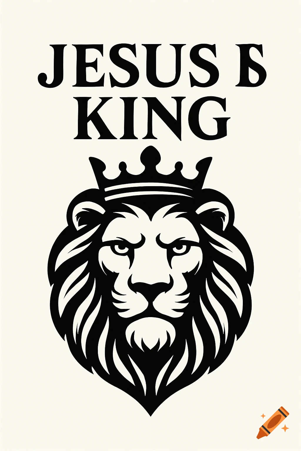 A black and white graphic design featuring a lion's head wearing a crown, with the text 'JESUS IS KING' above it.