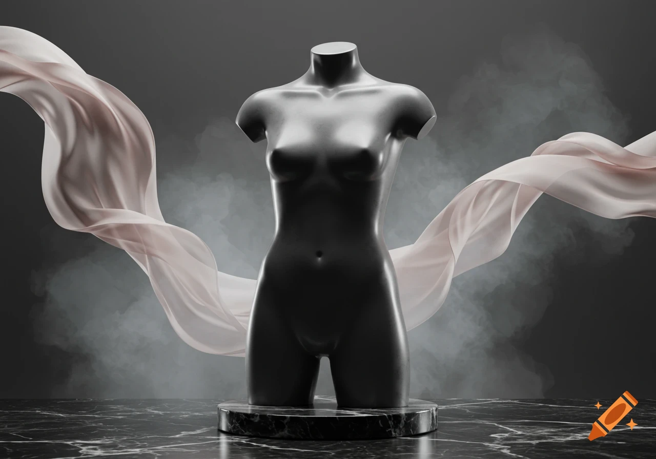 Sleek black female torso mannequin on a marble pedestal with flowing sheer fabric and smoke, photorealistic.