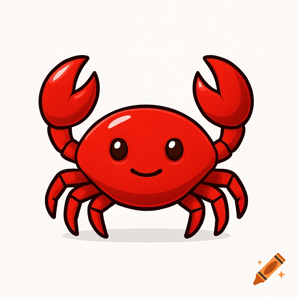 A cheerful red cartoon crab mascot with big eyes smiles on a white background.