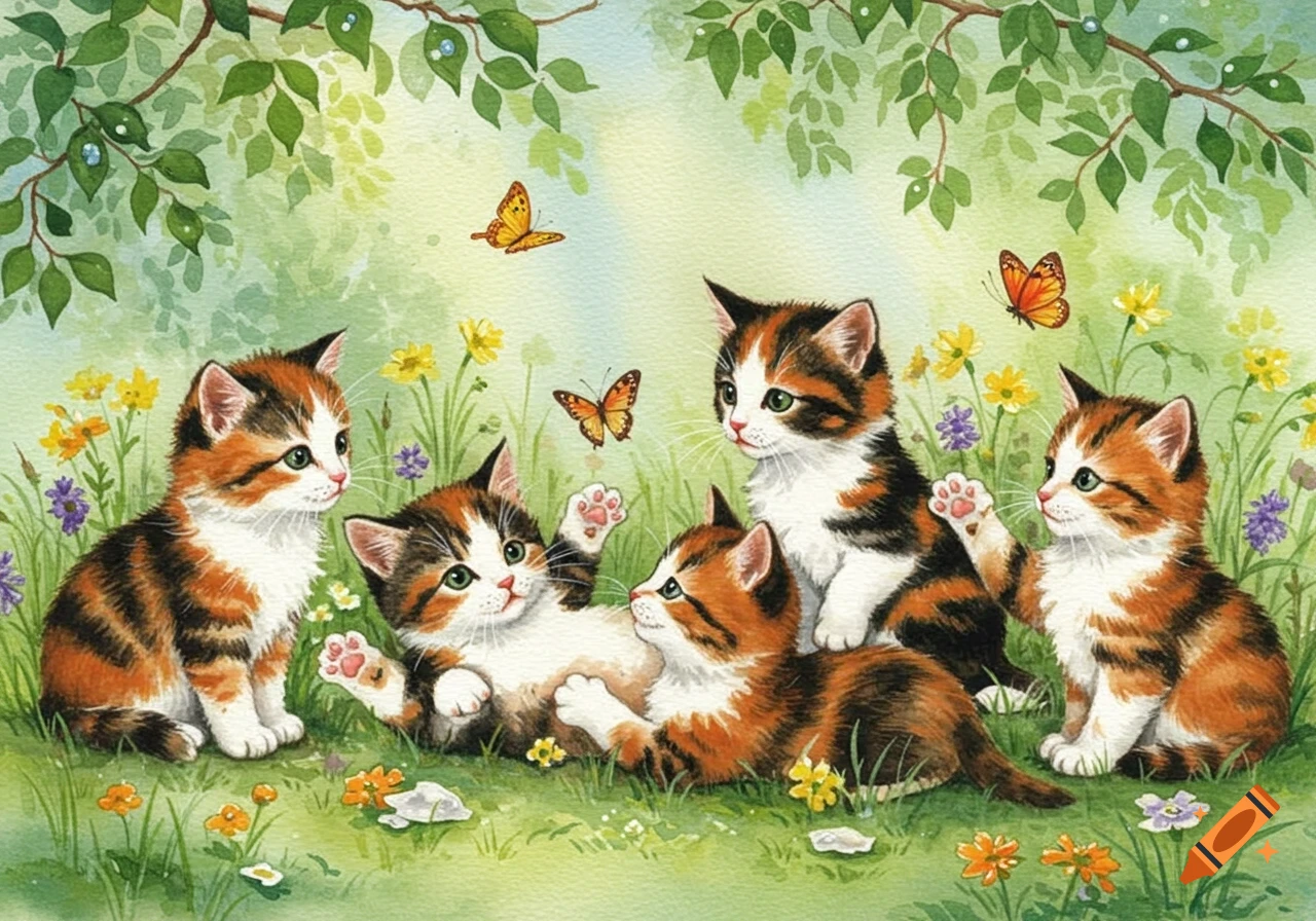 Watercolor painting of five fluffy calico kittens playing in a green field with colorful wildflowers and butterflies.