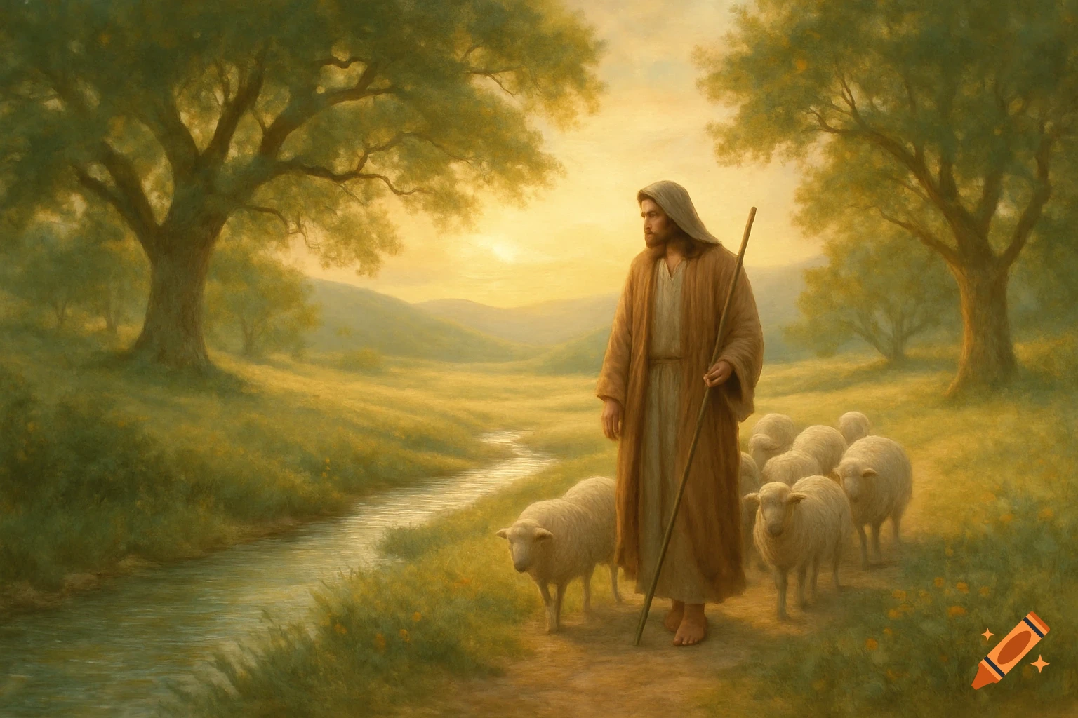 A man in a robe with a staff leads sheep along a path next to a stream in a golden, painterly landscape at sunset.