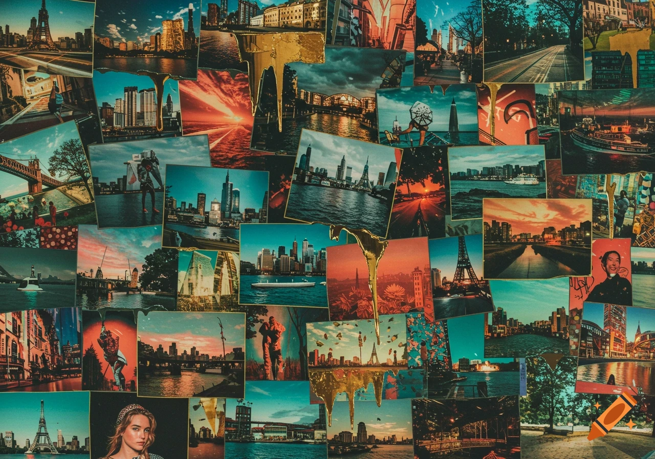 A vibrant collage of travel photographs featuring cityscapes, landmarks like the Eiffel Tower, bridges, water scenes, and abstract elements.