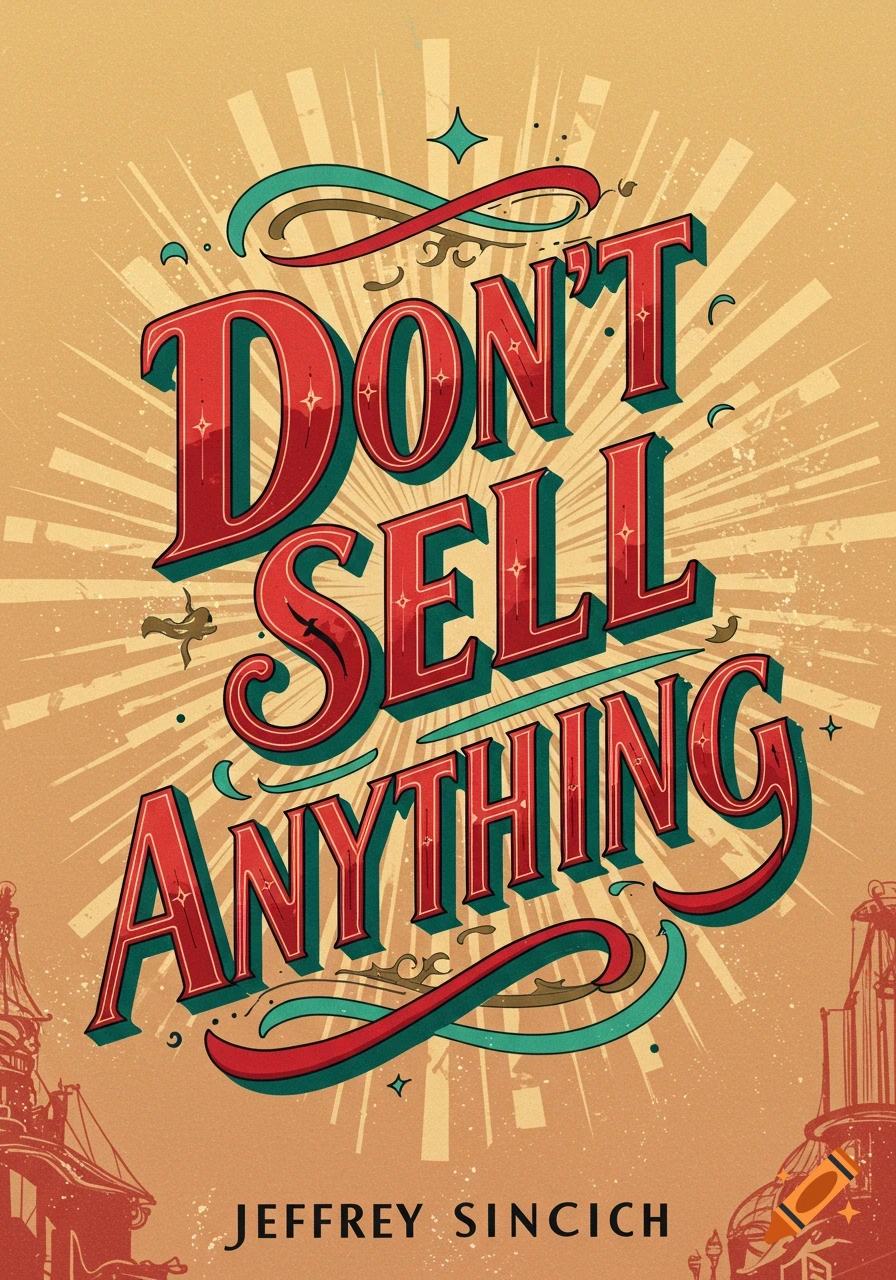 Vintage book cover illustration with bold red and green text "DON'T SELL ANYTHING" and "JEFFREY SINCICH" on a tan background with sunbursts.