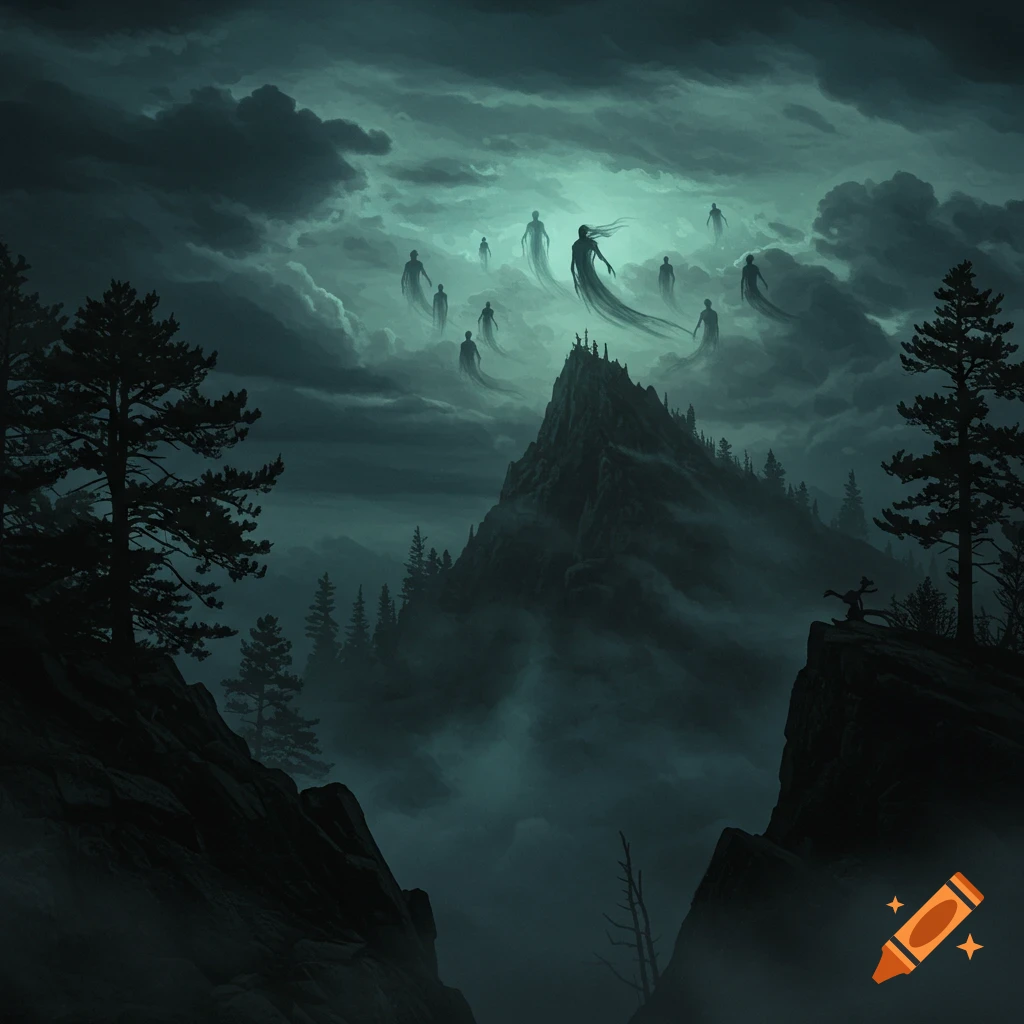 Dark fantasy landscape with shadowy figures floating above a misty, jagged mountain peak at night.