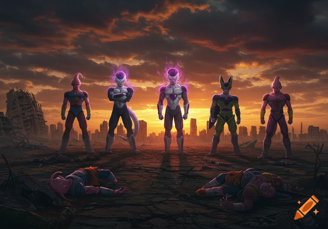 Dragon Ball Z villains Frieza, Cell, and various Buu forms stand victorious over defeated heroes in a ruined cityscape at sunset, in an anime style.