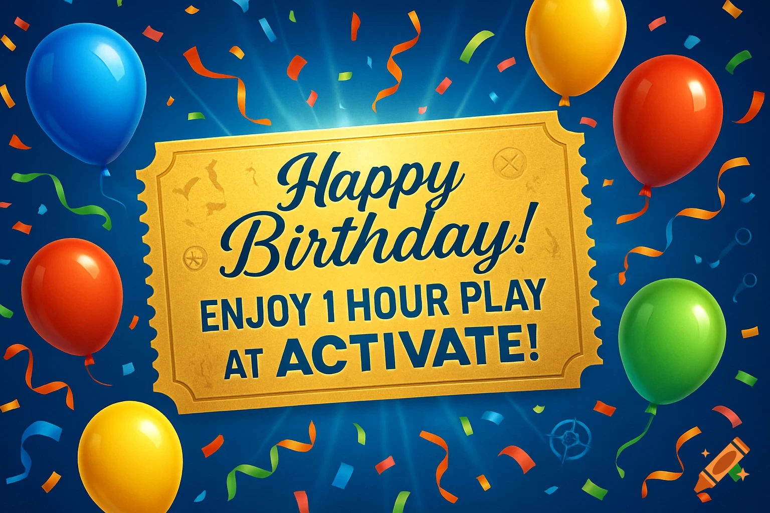 A gold coupon for 'Happy Birthday! Enjoy 1 Hour Play at Activate!' on a blue background with colorful balloons and confetti.