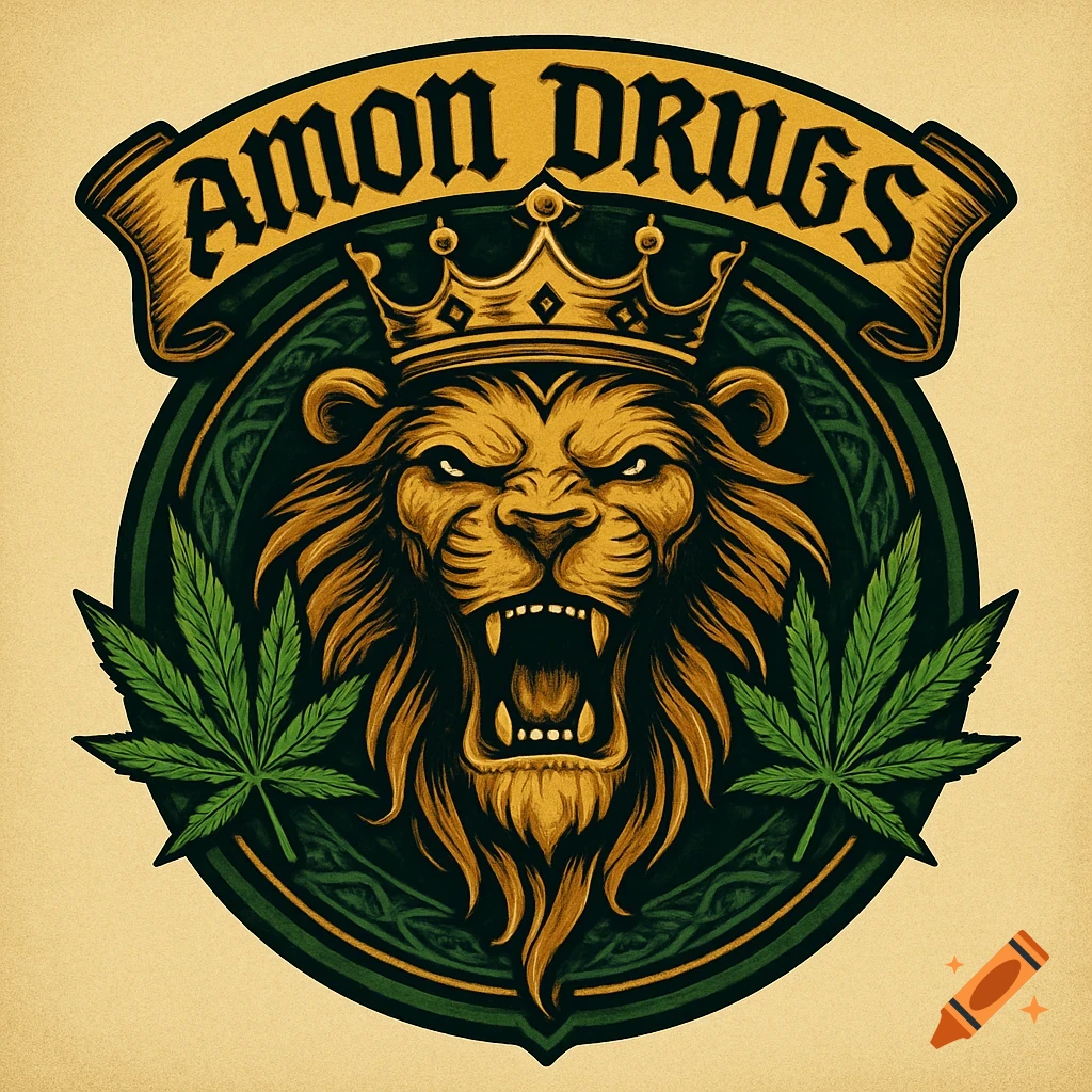 A fantasy football logo featuring a roaring lion with a crown, framed by cannabis leaves, and a banner reading 'AMON DRUGS'.