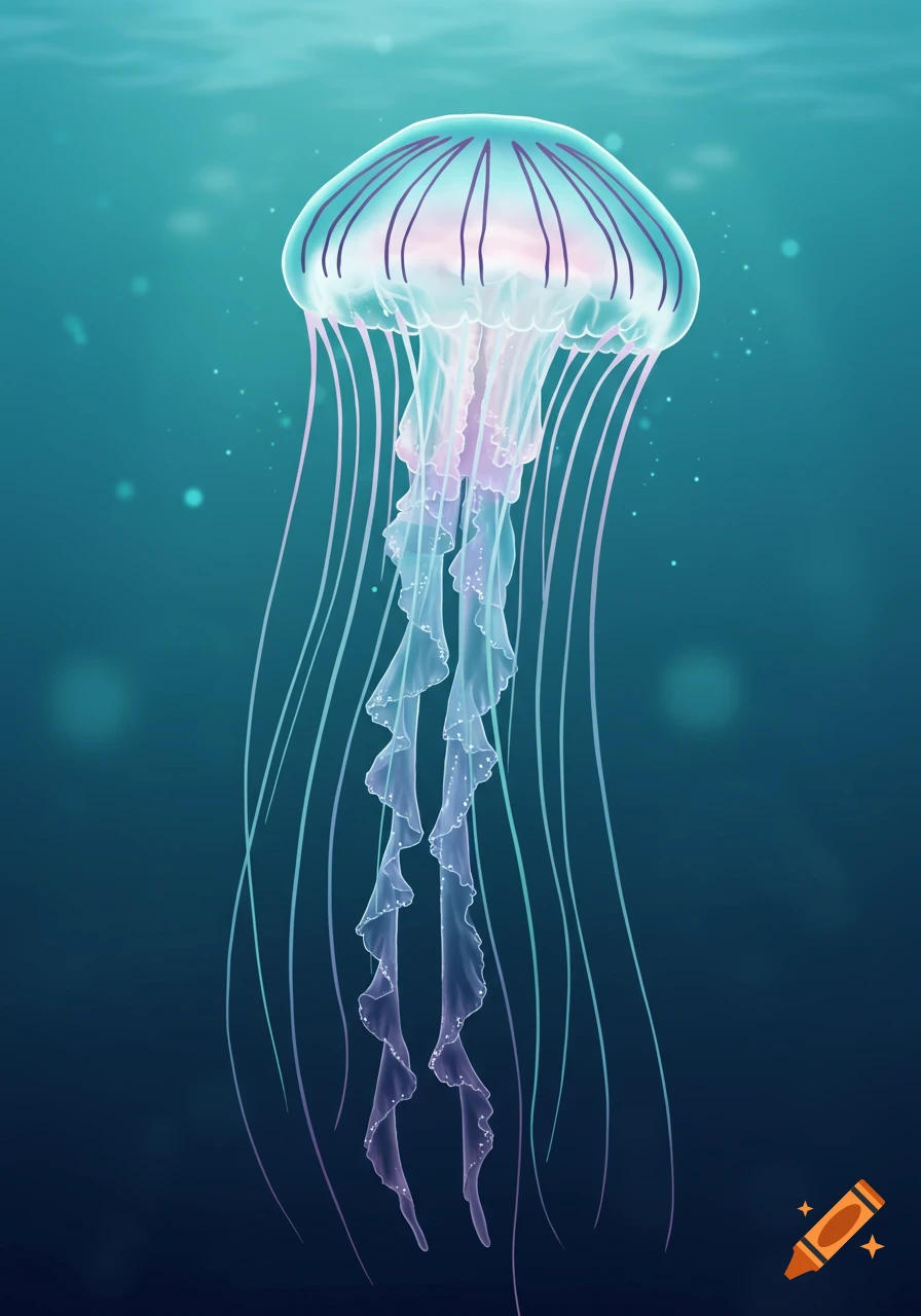 Stylized illustration of a glowing, translucent jellyfish with purple and teal hues in deep blue water.