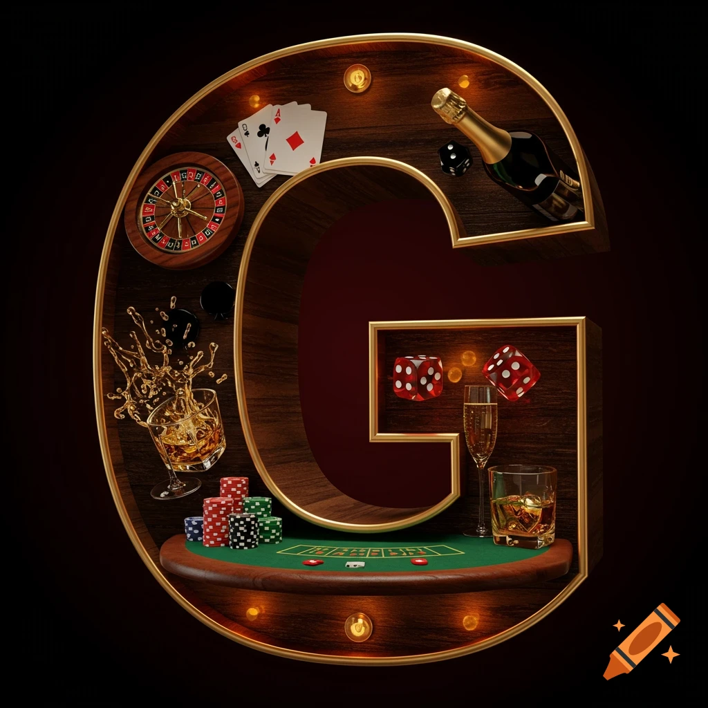 A stylized, bold letter 'G' made of dark wood with a gold trim, filled with various gambling and drinking themed items like a roulette wheel, playing cards, poker chips, dice, a champagne bottle, and glasses of whiskey and champagne.
