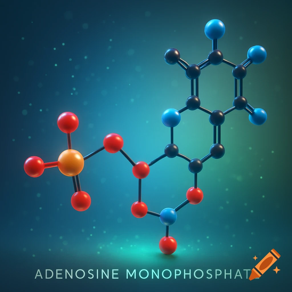 A 3D rendering of an adenosine monophosphate molecule against a dark blue background.