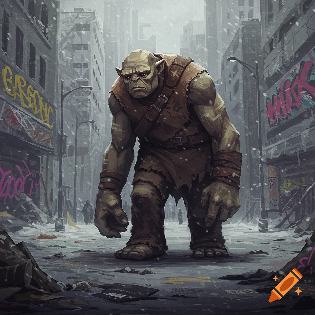 A sad, large, powerful fantasy creature resembling a troll or orc stands in a snowy, ruined city street covered in graffiti.