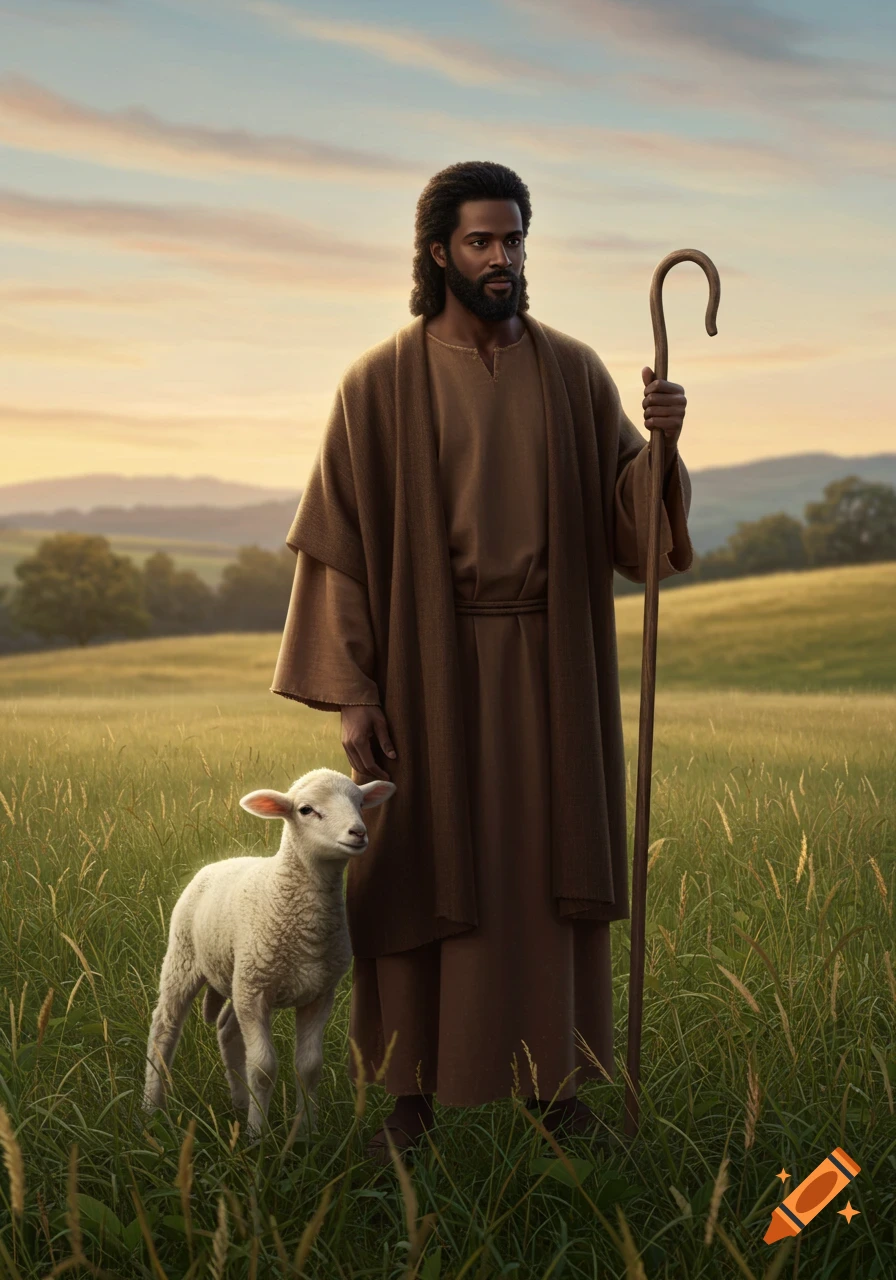 A Black man with a beard and long hair, dressed in brown robes, stands in a grassy field with a lamb, holding a shepherd's crook.