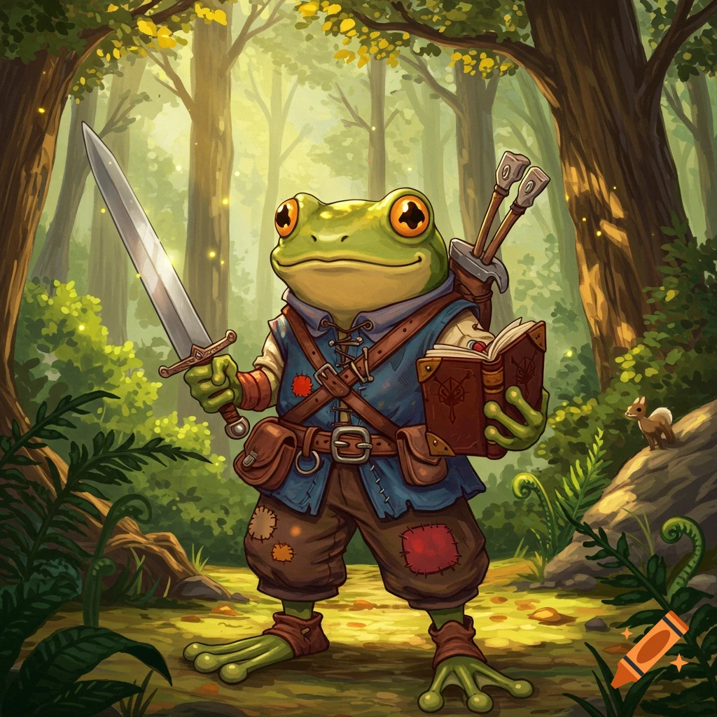 A cheerful anthropomorphic frog adventurer holds a sword and a book in a sunlit forest, fantasy illustration.