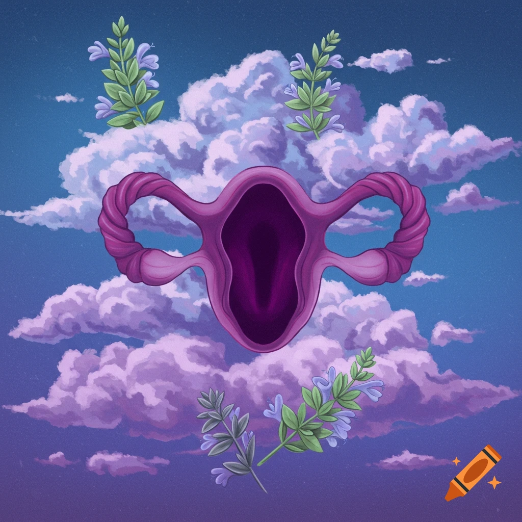 A stylized purple uterus floats in a blue sky with purple clouds and sage flowers.