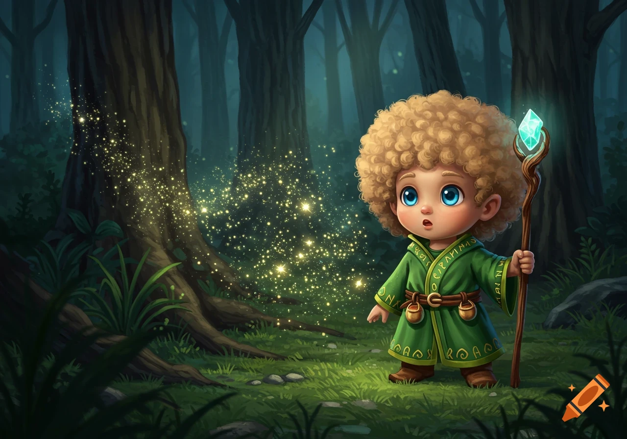 A cute, blue-eyed, blond curly-haired gnome in a green robe holds a gem staff in a sparkling, dark forest.