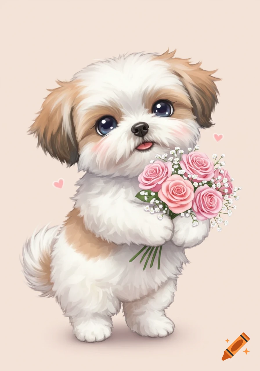 A fluffy brown and white Shih Tzu puppy with big anime eyes holds a bouquet of pink roses and baby's breath. Cute digital art.
