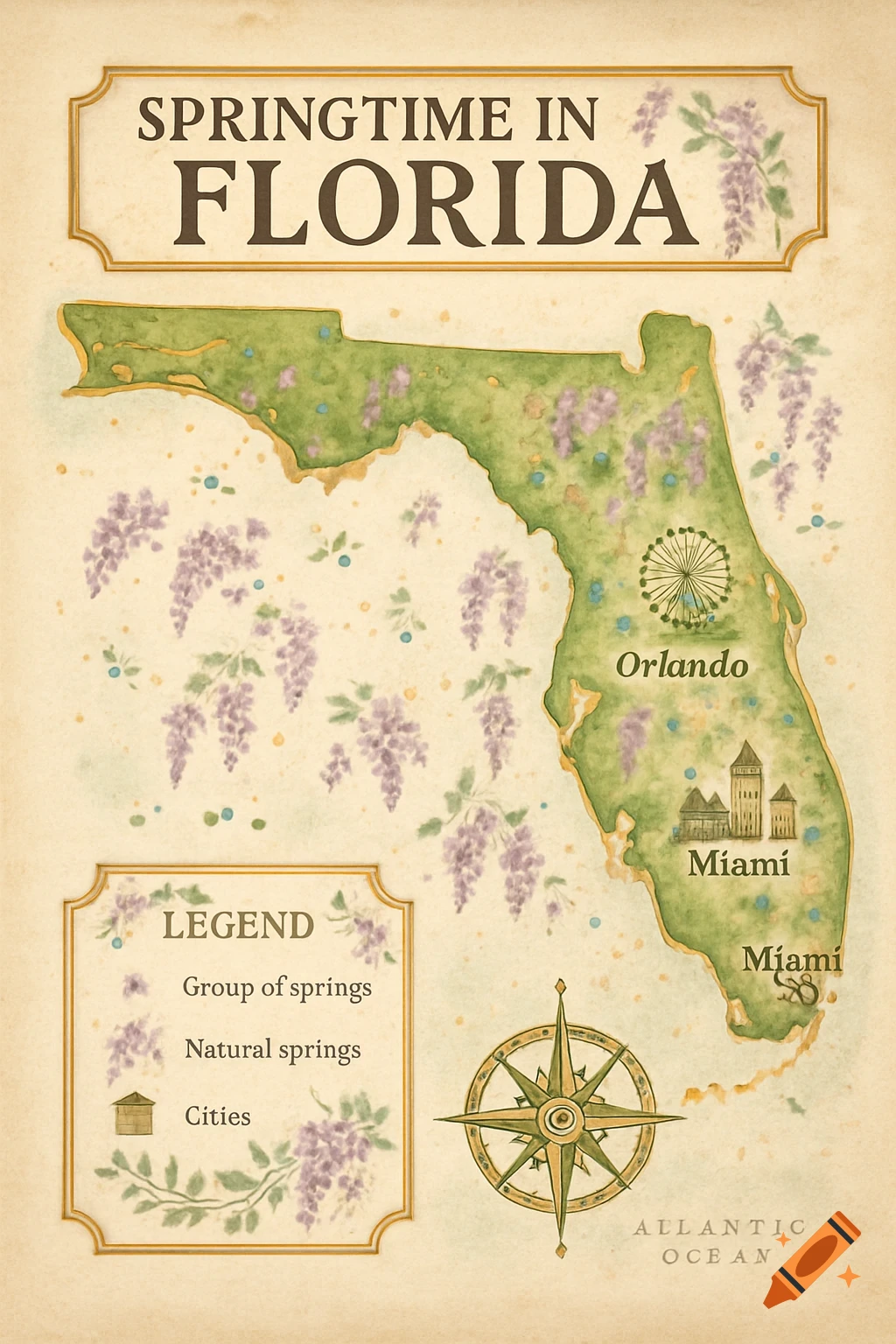 A vintage watercolor style map of Florida with purple wisteria flowers, labeling major cities Orlando and Miami, a legend for springs, and a compass rose. The title reads 'Springtime in Florida'.