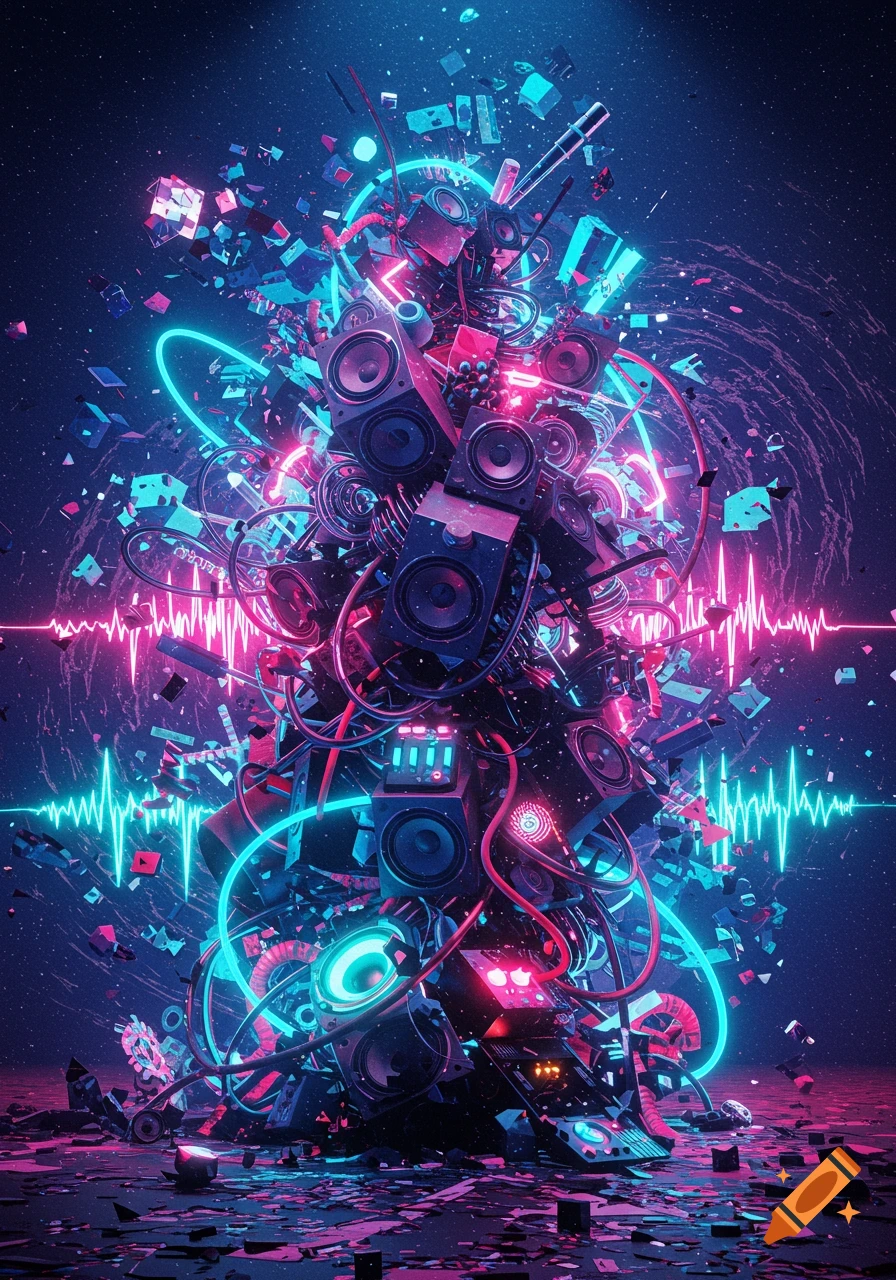 Abstract art of a chaotic tower of speakers and electronic parts, glowing with bright pink and blue neon lights, amidst shattering debris and pulsating sound waves.