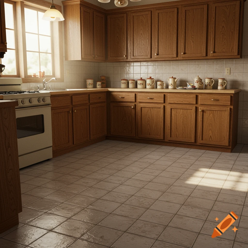A bright kitchen with wooden cabinets, a white stove, and tiled floors, bathed in sunlight from a large window.