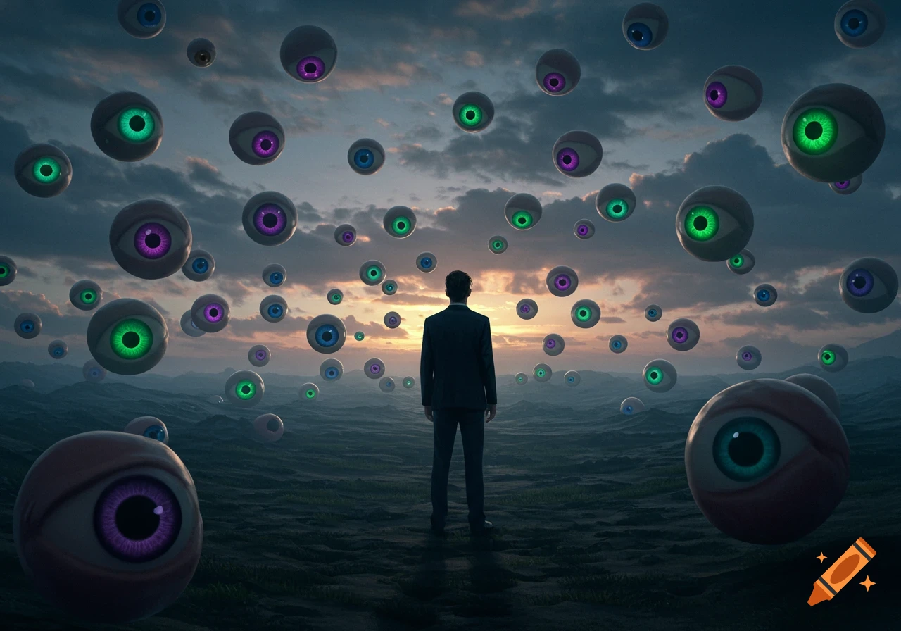 A man in a suit stands facing a vast landscape filled with numerous floating, glowing eyeballs under a twilight sky.