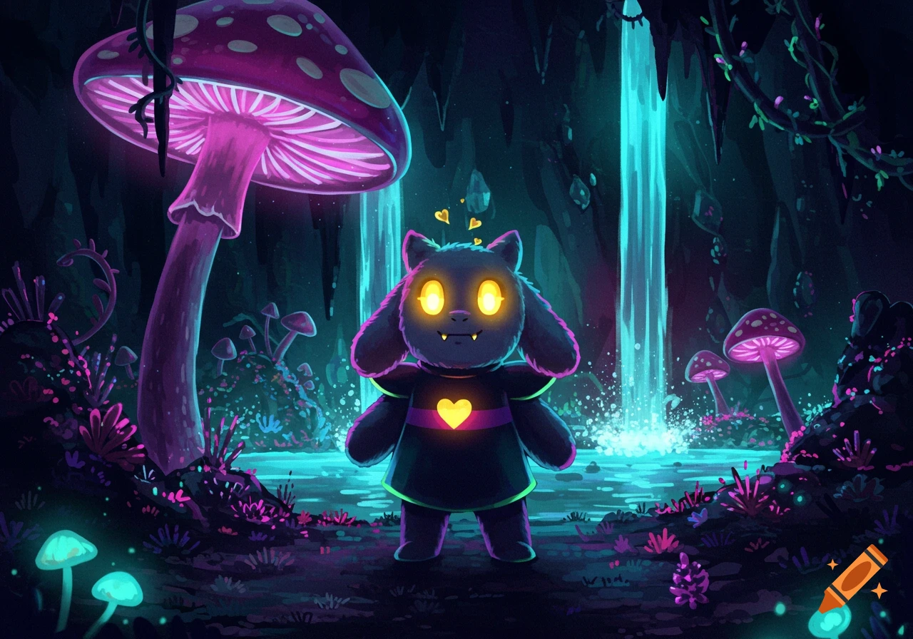 A small, dark, furry creature with glowing yellow eyes and a heart on its chest stands in a glowing magical cave with pink mushrooms and a blue waterfall.