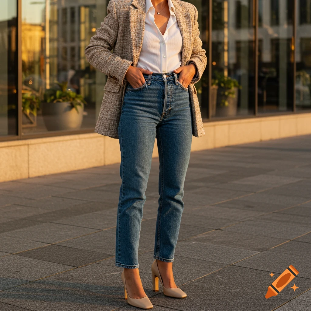 A person in a beige tweed blazer, white shirt, blue jeans, and beige heels stands on a city sidewalk at sunset.