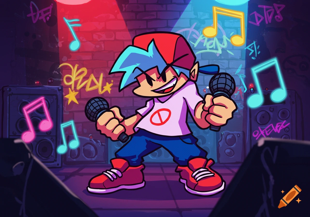 A stylized cartoon character with blue hair and a red hat, holding two microphones and standing in a graffiti-covered brick room with glowing musical notes and speakers.