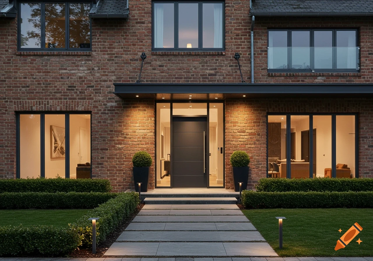 Photorealistic image of a luxurious contemporary brick home entrance with a dark gray door, modern landscaping, and a stone pathway.