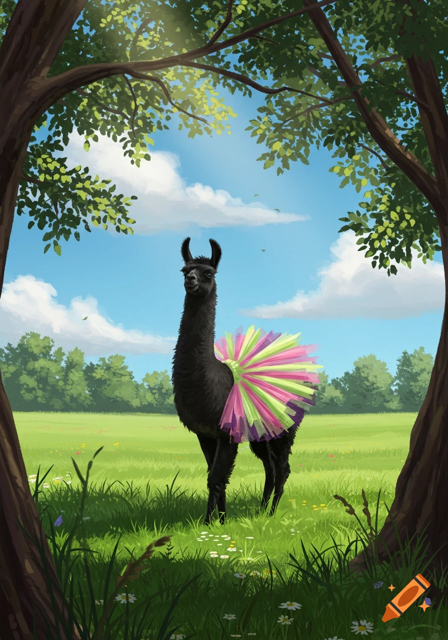 An illustration of a black llama wearing a bright, colorful tutu standing in a sunny green field framed by trees.