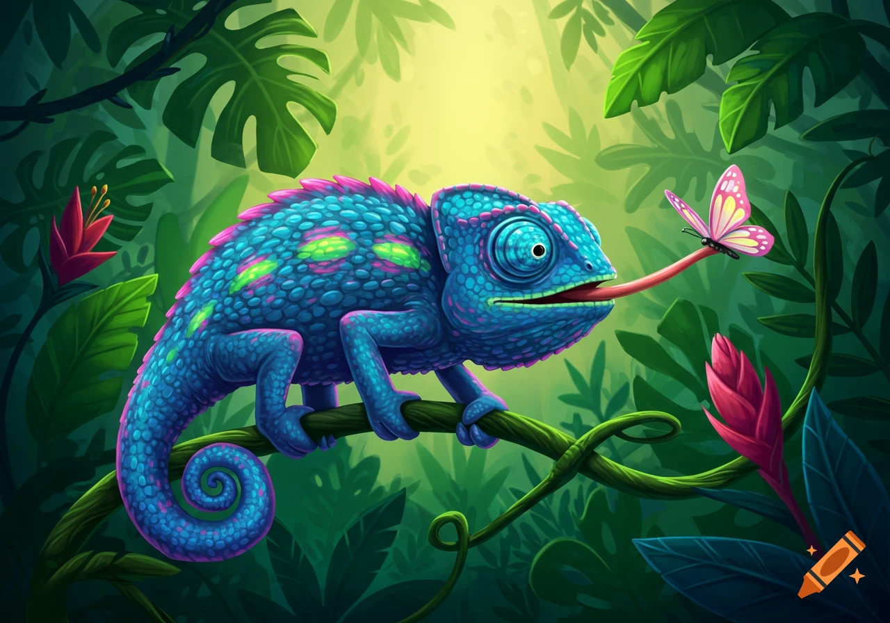 A vibrant blue and pink chameleon with green spots extends its tongue towards a pink butterfly in a lush jungle, stylized illustration.