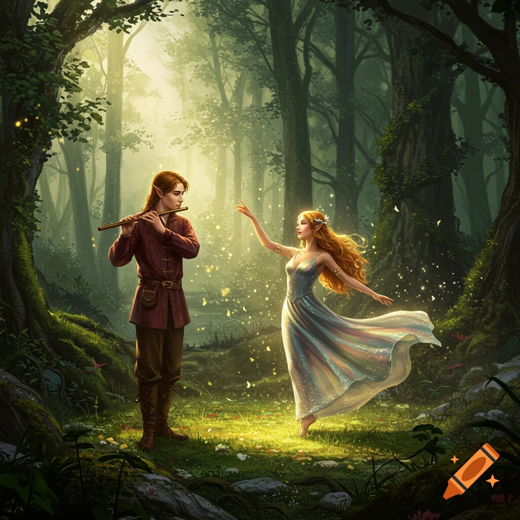 An elf man plays a flute for an elf woman in a flowing gown dancing in a sunlit magical forest.