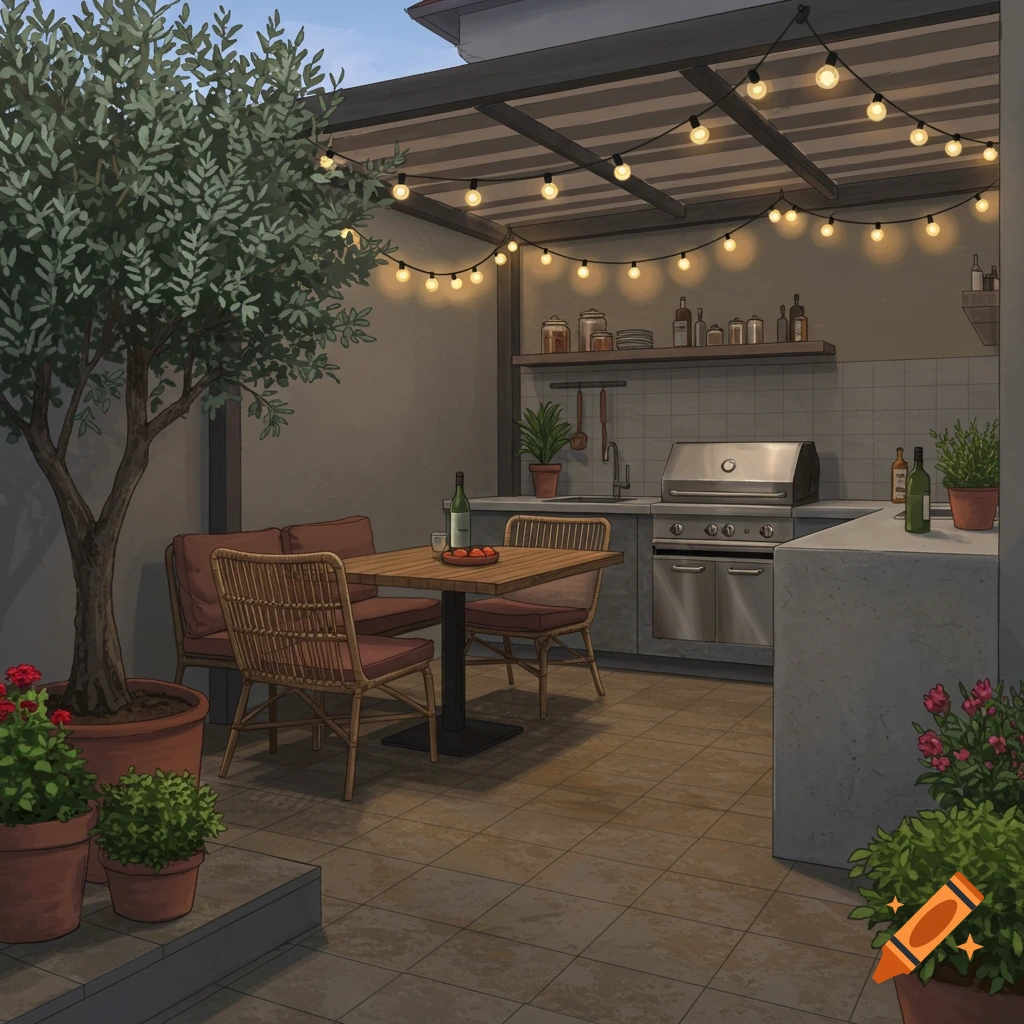 An illustrated outdoor patio kitchen with a seating area, rattan furniture, plants, and string lights.