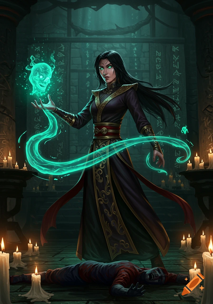 A dark sorceress with glowing green eyes raises a spectral skull, a body lies on the floor amidst candles in a dark temple.