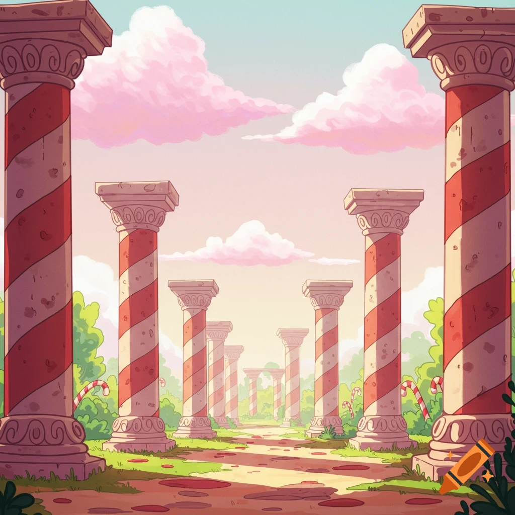 A cartoon drawing of a pathway lined with red and white striped pillars resembling candy canes, under a sky with pink clouds.