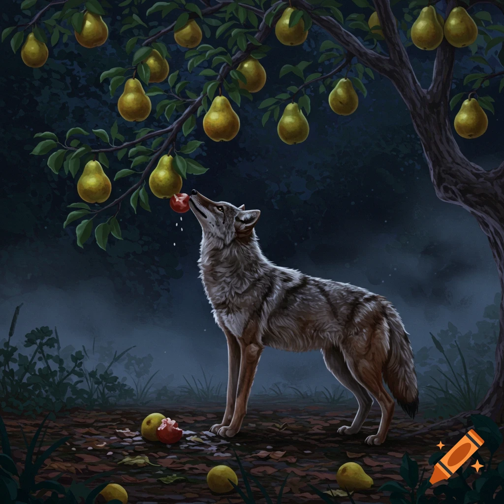 A coyote stands under a pear tree at night, eating a small red fruit that hangs from a branch.