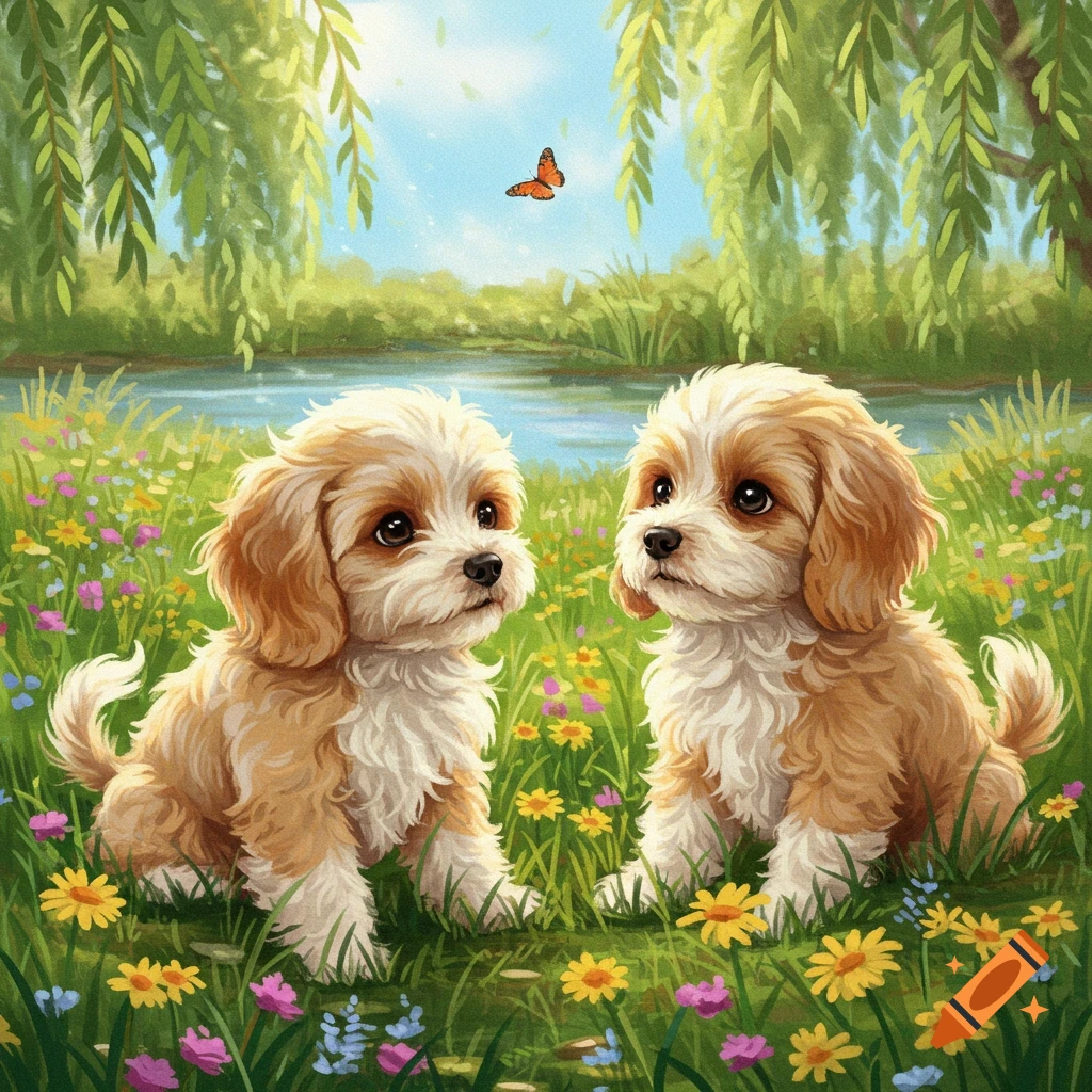 Two cute cavapoo puppies sit among colorful wildflowers by a pond under willow trees with a butterfly, in a painterly style.