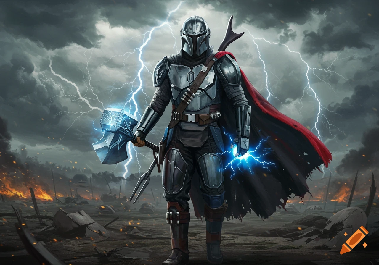 An armored character with a red cape, resembling a Mandalorian, stands amidst a stormy, battle-scarred landscape, holding a lightning-charged hammer.