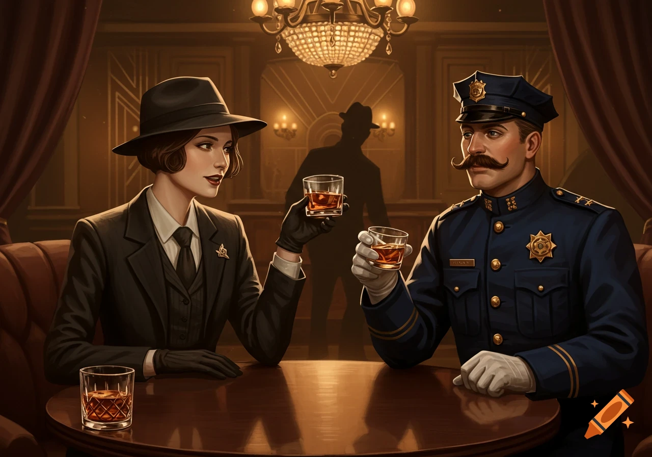 A 1920s female private investigator and a police officer drink brandy in a bar, with a shadowy figure in the background.