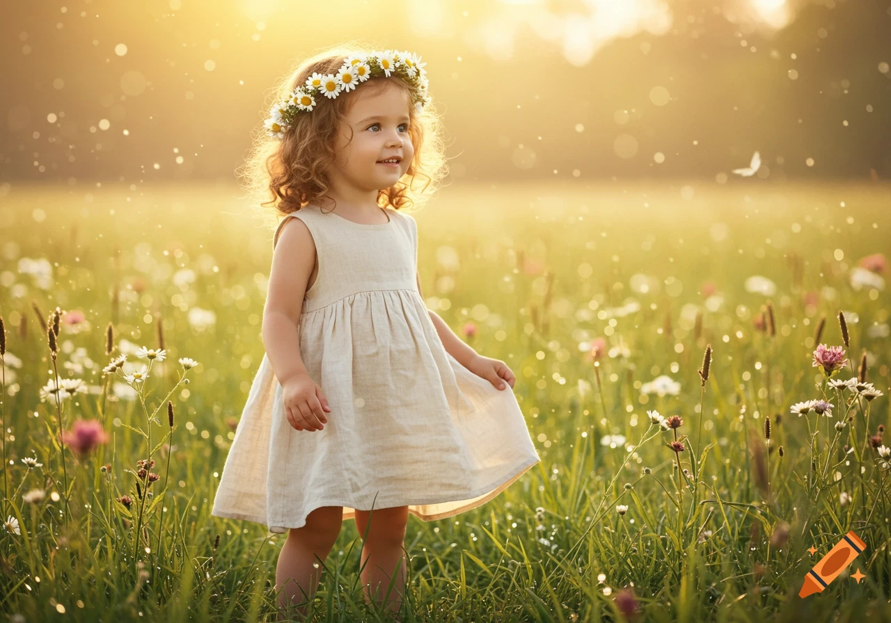 A smiling little girl with curly hair and a daisy crown stands in a sunny field of wildflowers.