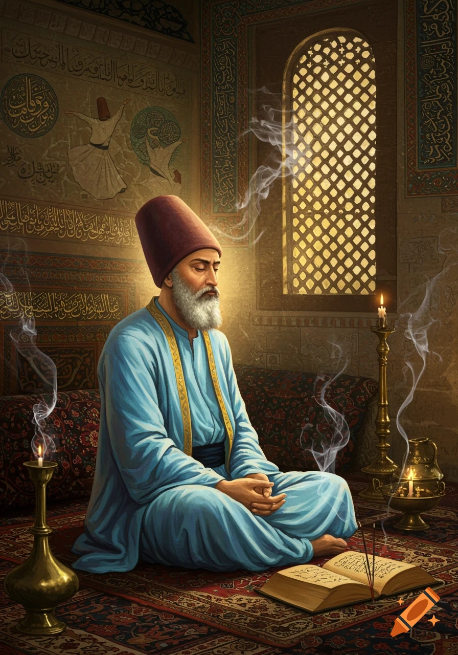A bearded man in a blue robe and red hat sits cross-legged, meditating with closed eyes in a room with ornate Islamic calligraphy and a sunlit window, surrounded by incense smoke and candles.