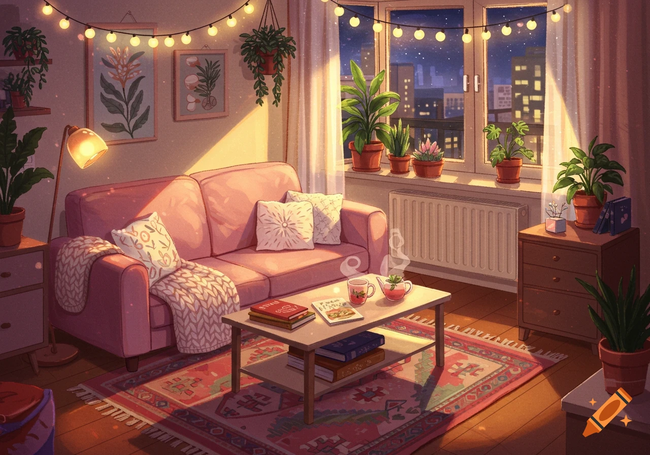 A cozy anime-style apartment living room at night, featuring a pink sofa, string lights, many potted plants, and city lights outside the window.