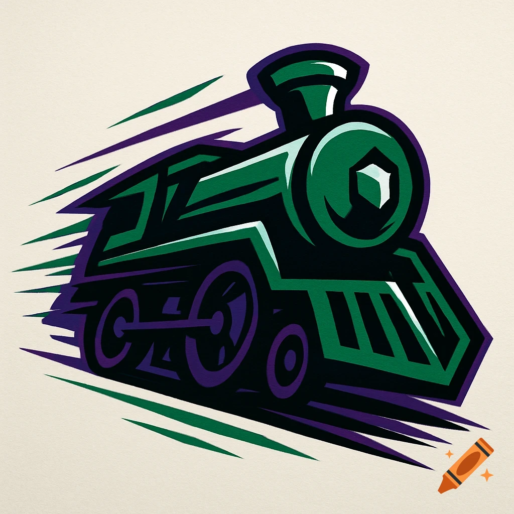 A stylized green and purple train logo with speed lines, on a light background.