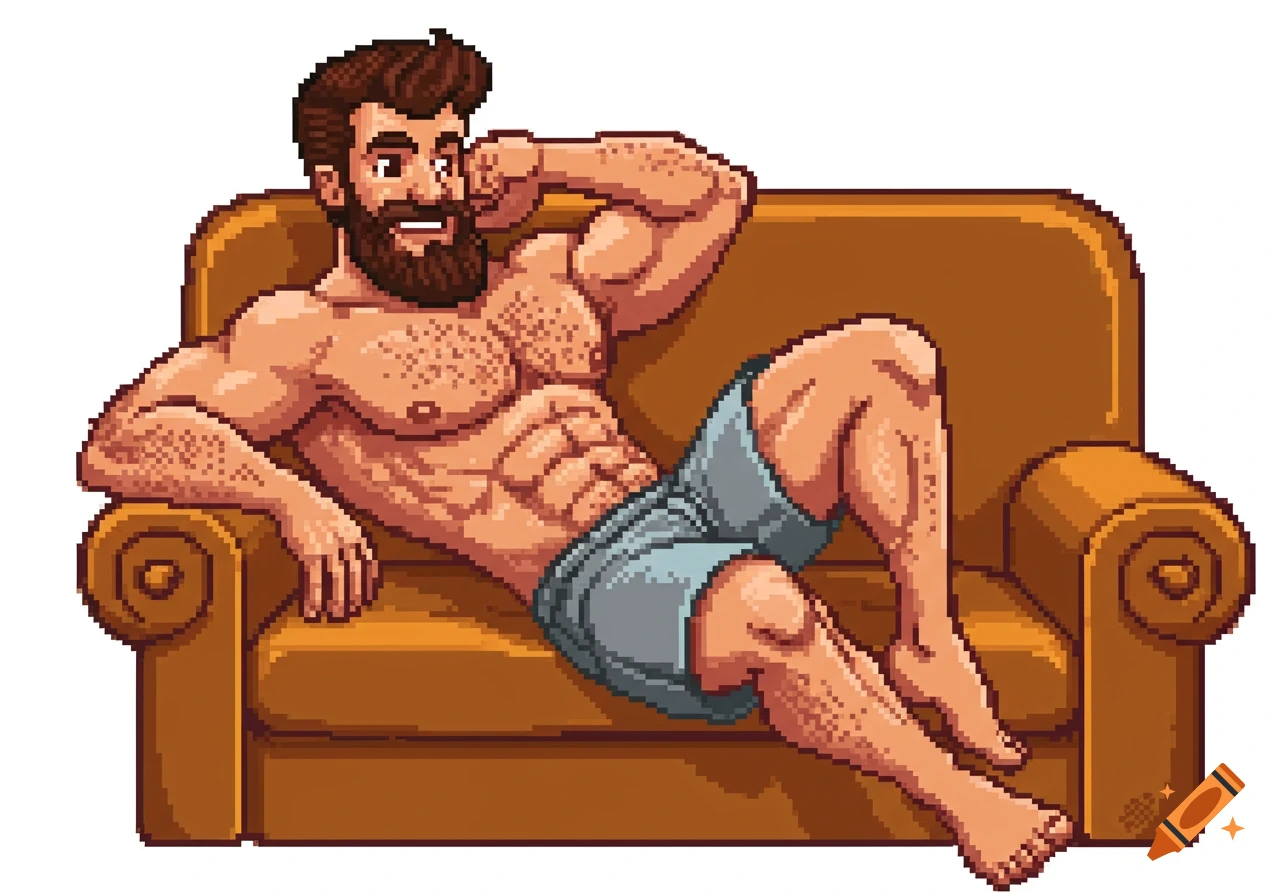 Pixel art of a muscular man with a beard, shirtless in grey shorts, reclining on a couch with a confident smile.