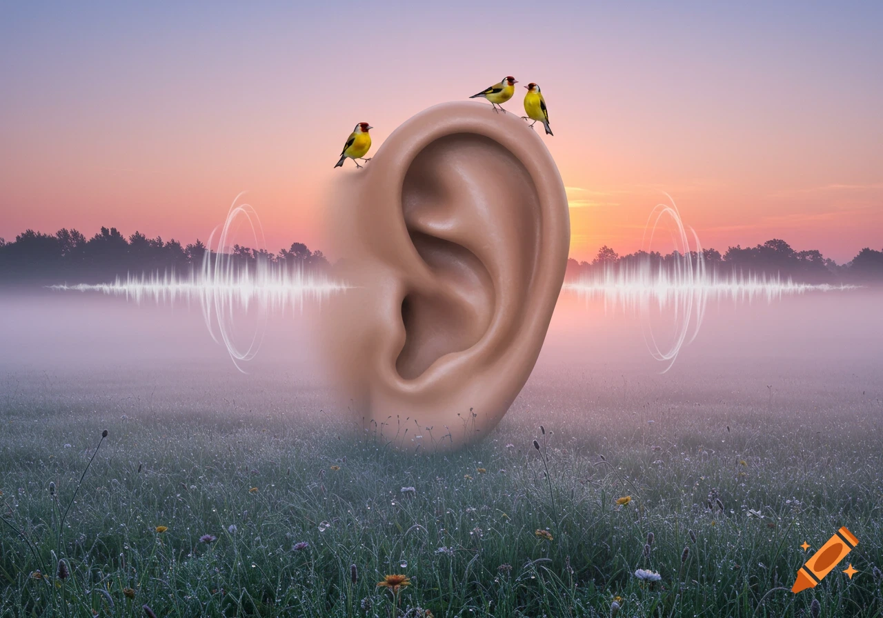 A large human ear stands in a misty field at sunset, with three small birds perched on it and sound waves emanating.