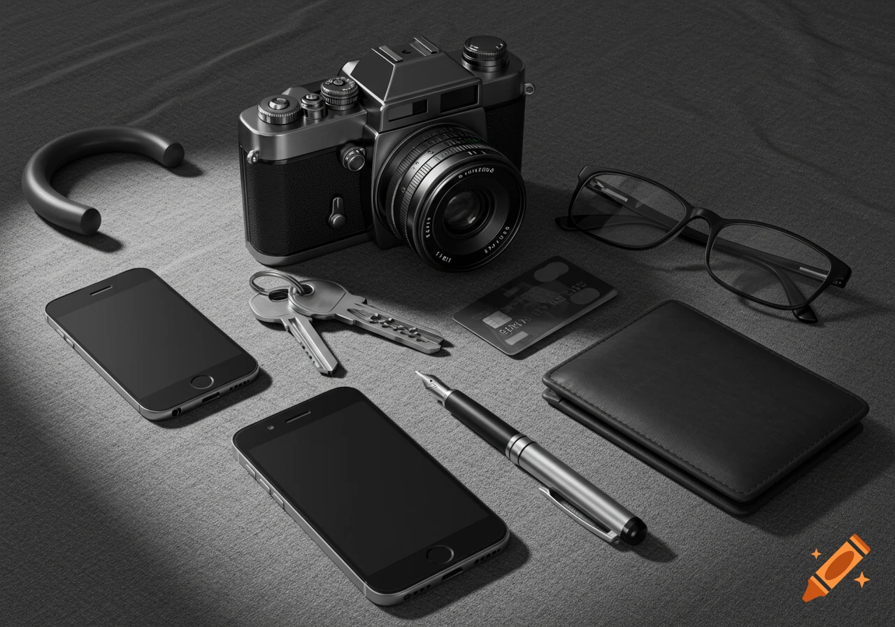 Photorealistic monochrome flat lay of personal belongings including a camera, two smartphones, keys, credit card, wallet, pen, and glasses.