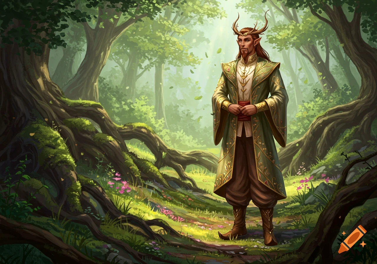 A male wood elf prince with horns and a beard, wearing an ornate green and gold robe, stands in a magical, lush forest.